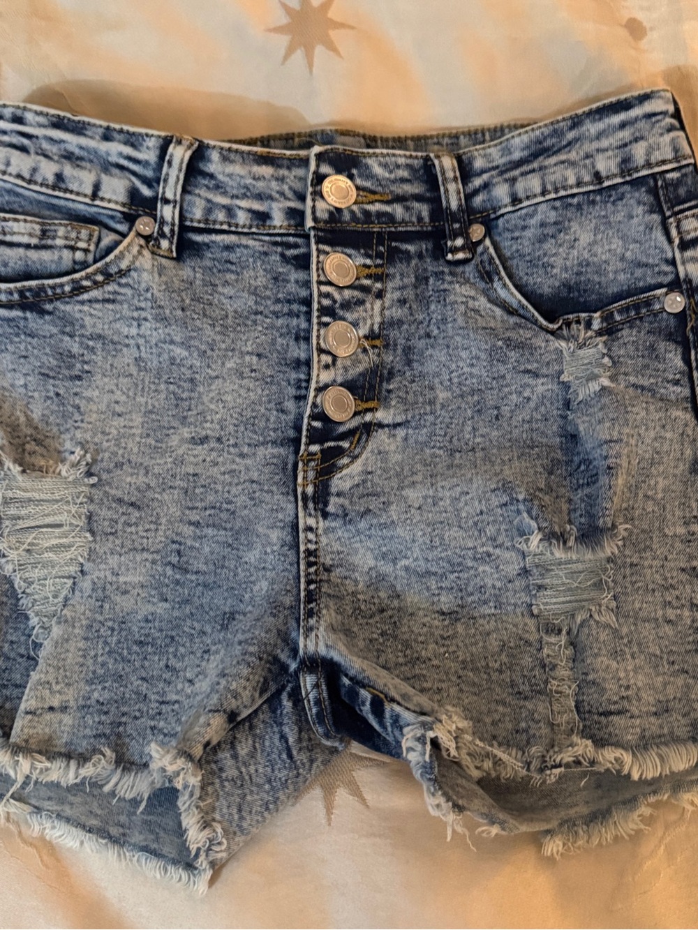 High-Rise Distressed Denim Jean Shorts - Light Blue